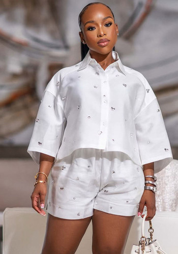Women's summer beading Turndown Collar Bat Sleeves shirt high waist shorts two-piece set
