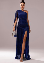 Women One-Shoulder Slash Shoulder Long Sleeve Slit Formal Party Evening Dress
