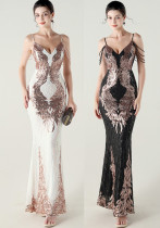 Women dangling beaded chain embroidered sequined V Neck Backless Formal Party evening dress