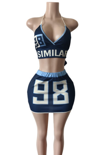 Women summer sexy Halter Neck Top beach Lace-Up printed short skirt two-piece suit