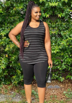 Plus Size Women Striped Vest Knee-Length Shorts Two-piece Set