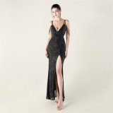 Women V Neck strap sequin beaded sexy Formal Party fishtail evening dress