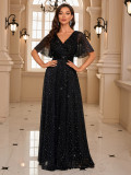 Women V-Neck Solid Ruffle Sleeve Pleated Elegant Sequin Evening Dress