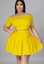 Plus Size Women Sexy Solid Short Sleeve Top and Pleated Skirt Two-piece Set