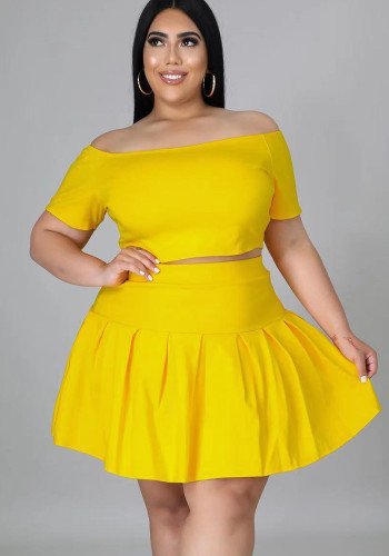 Plus Size Women Sexy Solid Short Sleeve Top and Pleated Skirt Two-piece Set