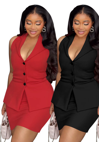 Women Casual Sleeveless Turndown Collar Vest Skirt Two-piece Set