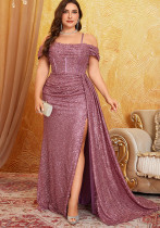 Women Strapless Lace-Up Backless Fishbone Slit Sequin Evening Dress
