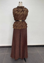 Plus Size Women African Pleated Top and Wide Leg Pants Two-piece Set
