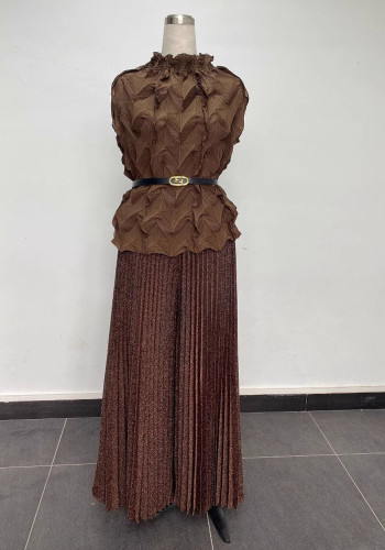 Plus Size Women African Pleated Top and Wide Leg Pants Two-piece Set
