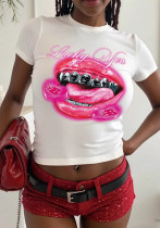 Women Summer Lip Print Sexy Crop Short Sleeve T-shirt