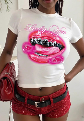 Women Summer Lip Print Sexy Crop Short Sleeve T-shirt