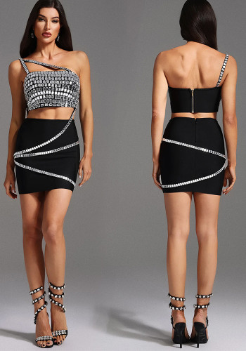 Women Diamond Strapless Top and Skirt Two-Piece Set