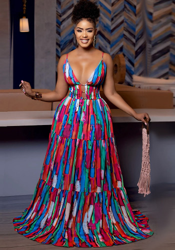 Women sexy suspender backless print dress