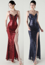 Women Beaded Tube Fishbone Lace-Up Sequin Formal Party Evening Dress