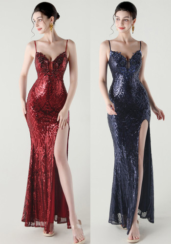 Women Beaded Tube Fishbone Lace-Up Sequin Formal Party Evening Dress