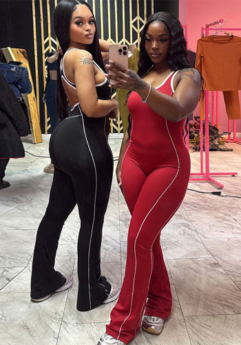 Women American sports contrast color hollow Backless Jumpsuit