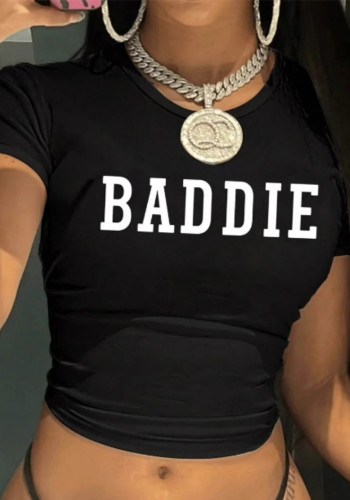 Women Summer Letter Baddie Print Short Sleeve Crop T-shirt