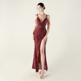 Women V Neck strap sequin beaded sexy Formal Party fishtail evening dress