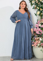 Plus Size Women Long Sleeve Double V-Neck Pleated Evening Dress