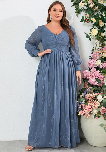Plus Size Women Long Sleeve Double V-Neck Pleated Evening Dress