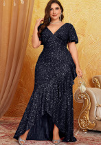 Women Sequin Short Sleeve V Neck Evening Sexy Dress