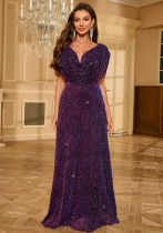 Women Purple Sequin Maxi Evening Dress