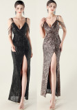 Women V Neck strap sequin beaded sexy Formal Party fishtail evening dress