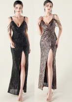 Women V Neck strap sequin beaded sexy Formal Party fishtail evening dress