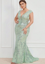 Women V Neck Sleeveless Sequin Patchwork Mesh Bodycon Fishtail Evening Dress