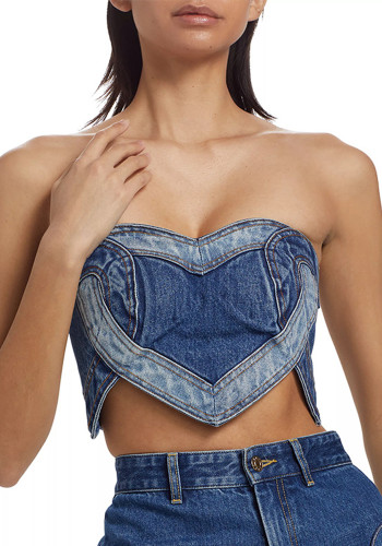 Women Sexy Blue Heart Print Patchwork Strapless Denim Top