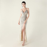 Women V Neck strap sequin beaded sexy Formal Party fishtail evening dress