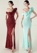 Women one-shoulder pleated ruffled beaded chain sequined Formal Party evening dress