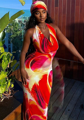 Women Sleeveless Lace-up V Neck Sexy Backless Halter Neck Print Dress