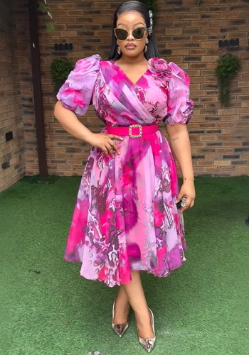 V-neck Plus Size women print chiffon elegant Africa dress