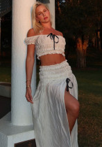 Women summer new sexy Chic Holidays Off Shoulder pleated top slit skirt set