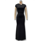 Summer solid color women Slash Shoulder Crop top high waist Bodycon skirt set