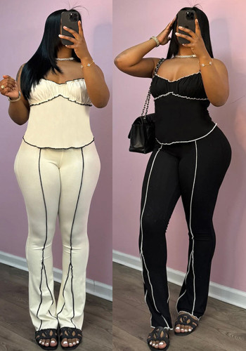Summer women's fashion sweet sexy Strap pleated vest high waist trousers set