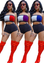 Women's Summer Casual Fashion Contrast Color Sexy Strapless Shorts Set