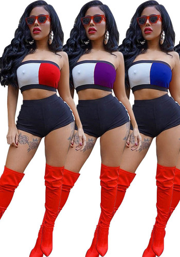 Women's Summer Casual Fashion Contrast Color Sexy Strapless Shorts Set