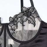Women Embroidered Flower Satin Sexy Lingerie Two-piece Set
