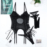 Women Lace Patchwork Lace-Up Bowknot Mesh See-Through Suspender Stockings Sexy Lingerie Two-piece Set