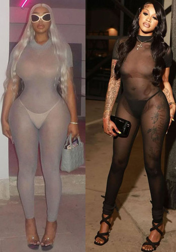 Summer trendy sexy mesh see-through tight fitting jumpsuit