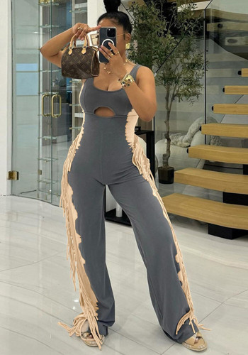 Women's fashion contrast color tassel Casual Jumpsuit