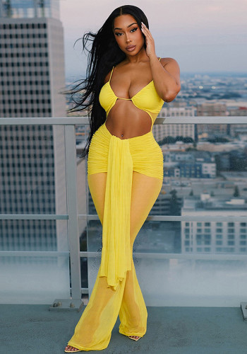 Women's Spring and Summer Halter Neck Open Waist Mesh Drawstring See-Through Hollow Ribbon Jumpsuit