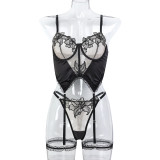 Women Embroidered Flower Satin Sexy Lingerie Two-piece Set
