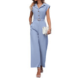 Women's summer elegant Turndown Collar sleeveless solid color straight jumpsuit