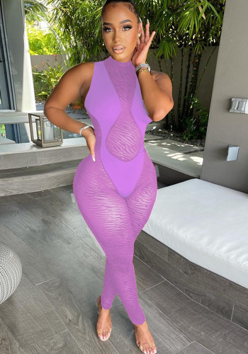 Sexy mesh flocking Patchwork hollow See-Through zipper jumpsuit for women