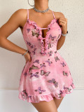 Women Butterfly Printed Ruffle Sexy Backless Suspender Nightdress Sexy Lingerie