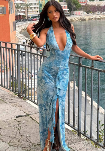 Summer fashion sexy deep v Halter Neck tie high waist slim dress