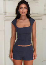 Casual Fashion Striped Low Back Top Shorts Casual Two-piece Set